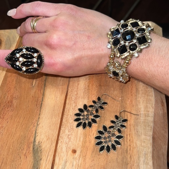 Costume jewelry set black gold & crystal rhinestone one size fits all adjustable - Picture 14 of 16